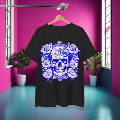 Skulls and Roses Cotton Tee, Unisex Graphic Shirt featuring a striking blue skull design entwined with roses, displayed in a vibrant interior setting.