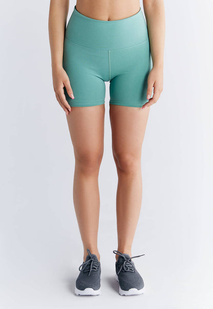 Fashion-forward women's high-waisted sports shorts, made from 72% organic cotton, offering an exquisite balance of comfort and environmental responsibility.