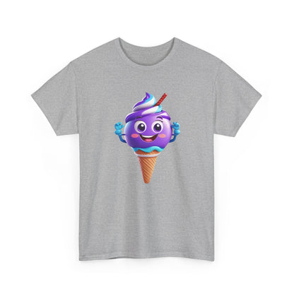 Playful grey t-shirt showcasing a vibrant cartoon ice cream cone character, embodying whimsy and joy. Scoop of Joy: Cartoon Ice Cream Cone Character Tee.