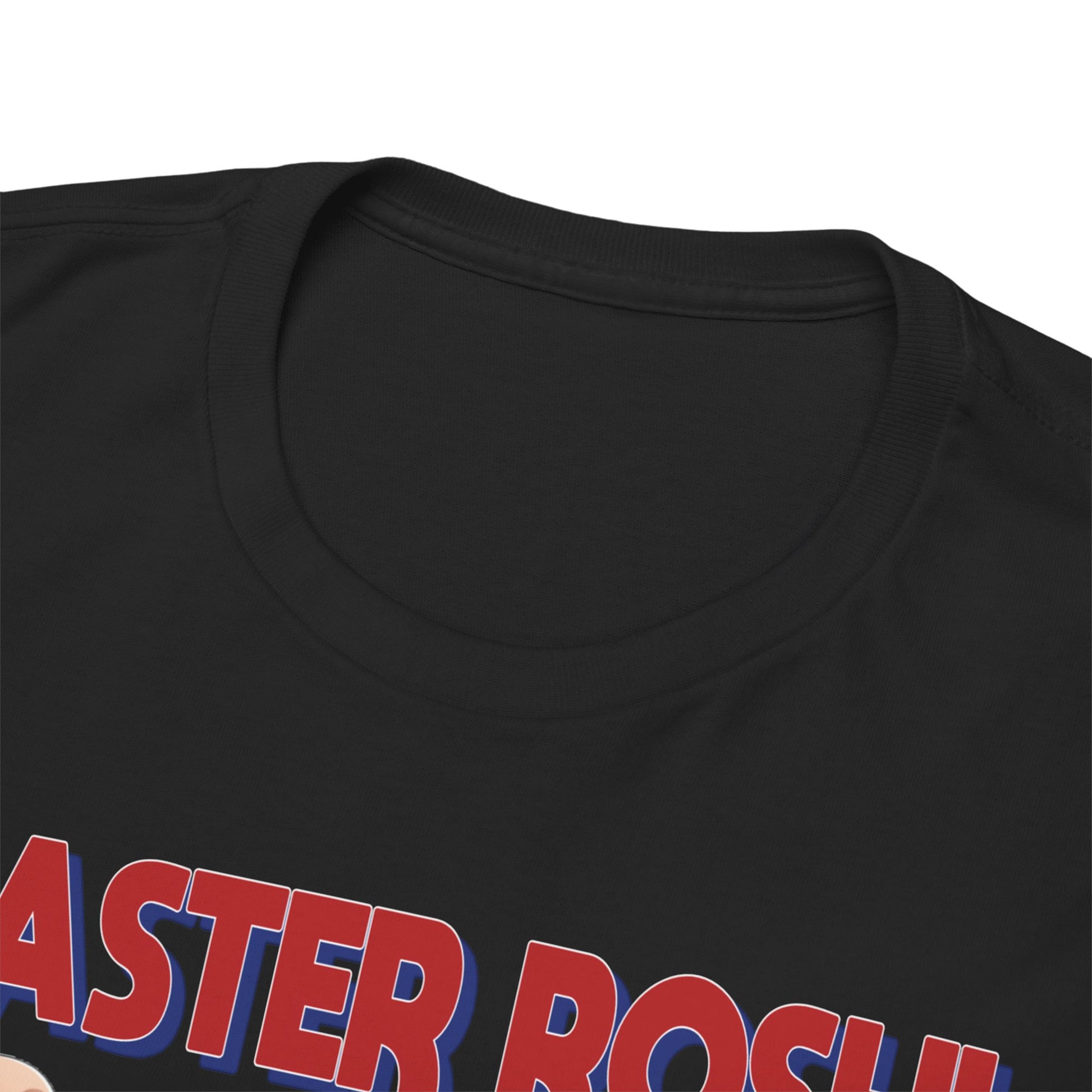 Close-up view of the neckline and collar of a luxurious black Dragon Ball Z Master Roshi t-shirt, featuring bold red lettering.