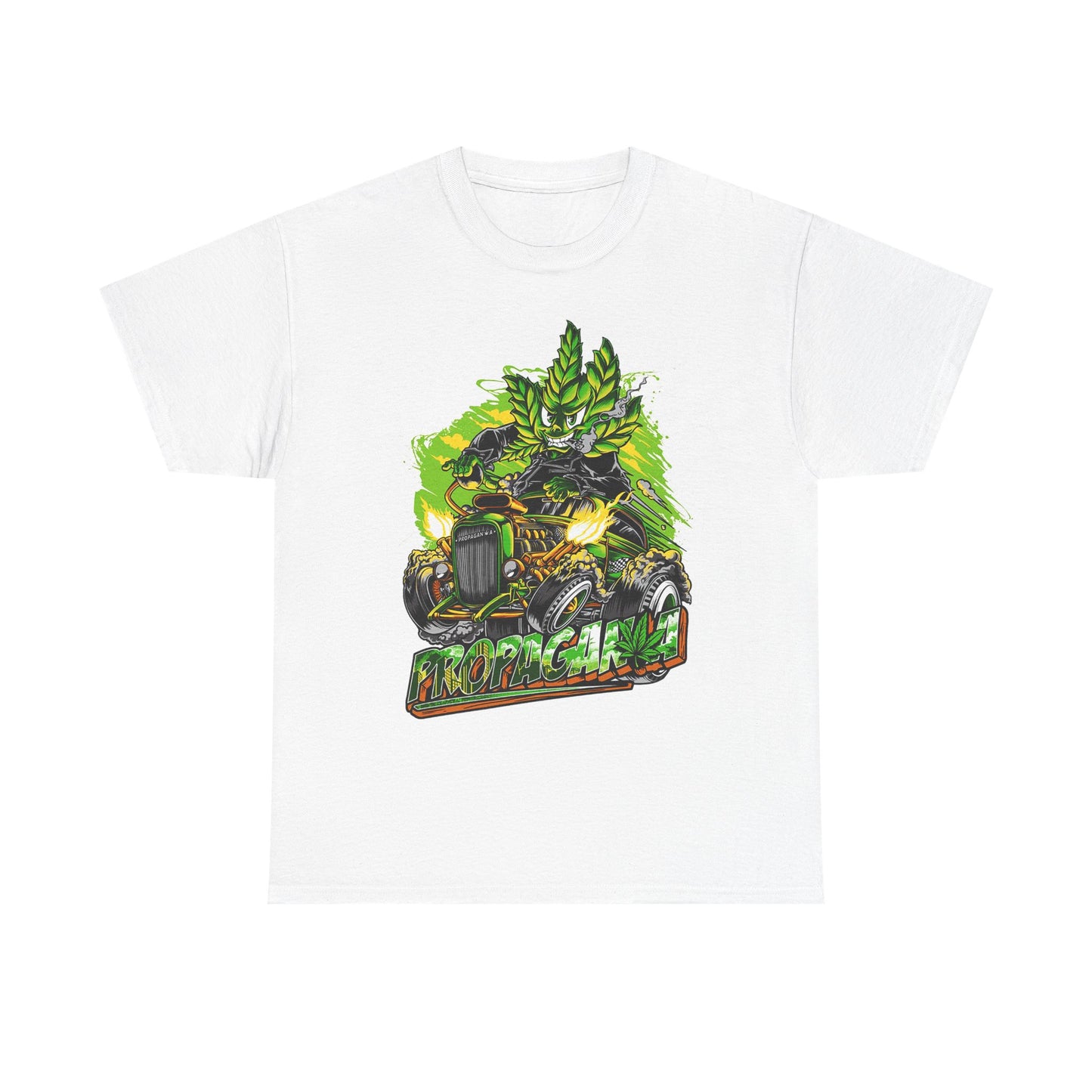 Luxurious stylish white men's t-shirt featuring a vibrant cannabis leaf character driving a classic hot rod, adorned with exciting graphic design and intricate details, perfect for fashionable enthusiasts.