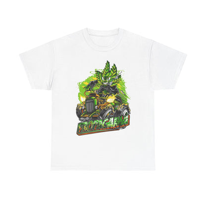 Luxurious stylish white men's t-shirt featuring a vibrant cannabis leaf character driving a classic hot rod, adorned with exciting graphic design and intricate details, perfect for fashionable enthusiasts.