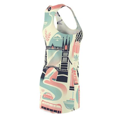 Pastel London Landmarks Racerback Dress featuring vibrant designs of iconic sights like Tower Bridge and Big Ben, blending stylish comfort with artistic flair.