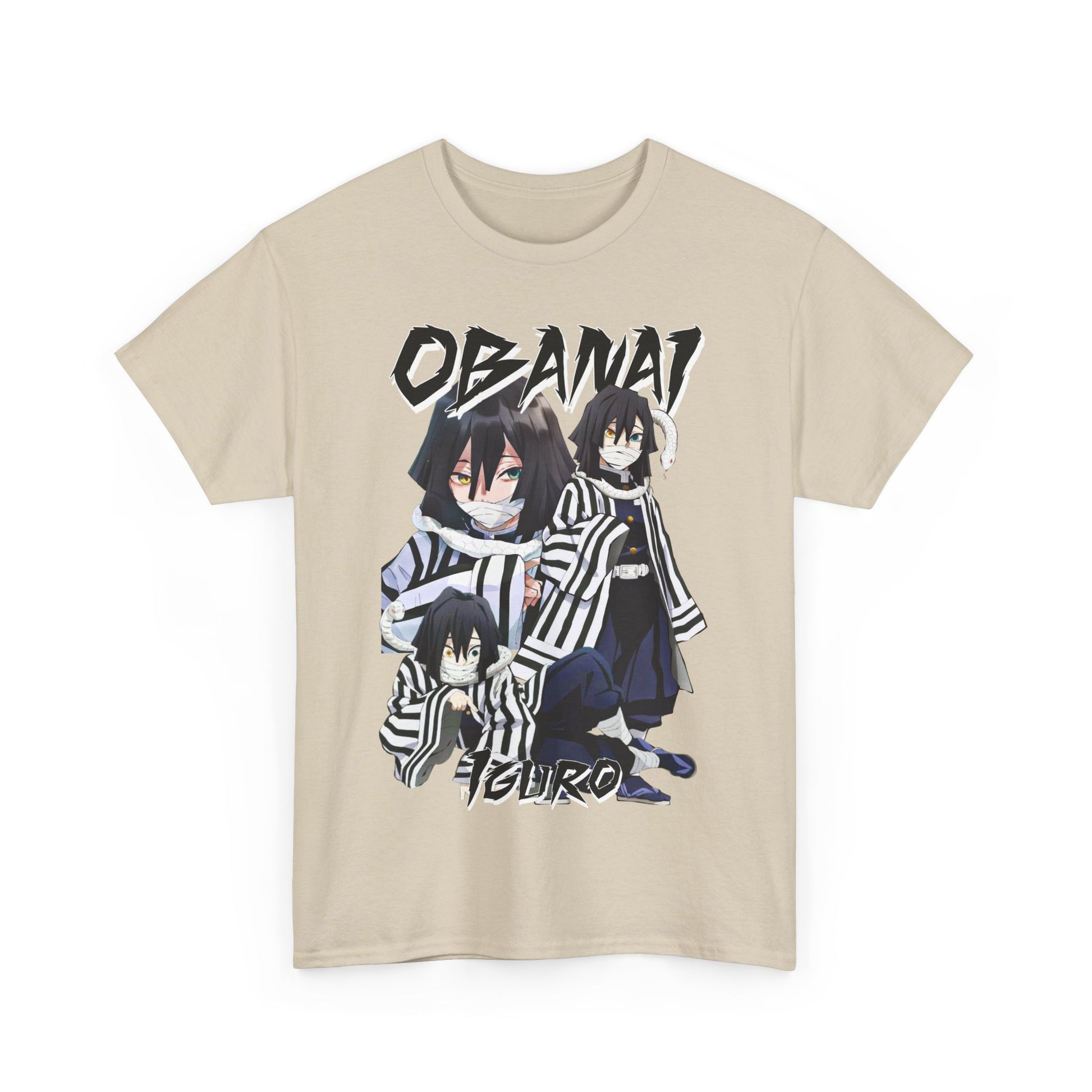 Chic beige Obanai Iguro T-shirt featuring a captivating graphic of the character, designed for anime fans seeking to express their passion with elegance.