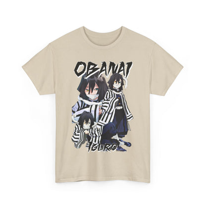 Chic beige Obanai Iguro T-shirt featuring a captivating graphic of the character, designed for anime fans seeking to express their passion with elegance.