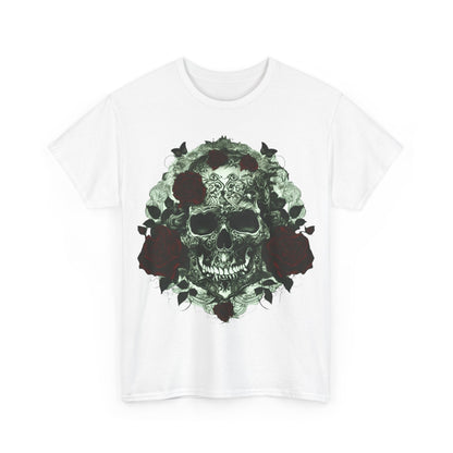 Front view of the Skulls and Roses Cotton Tee, showcasing intricate skull and rose designs, ideal for making a luxury style statement.
