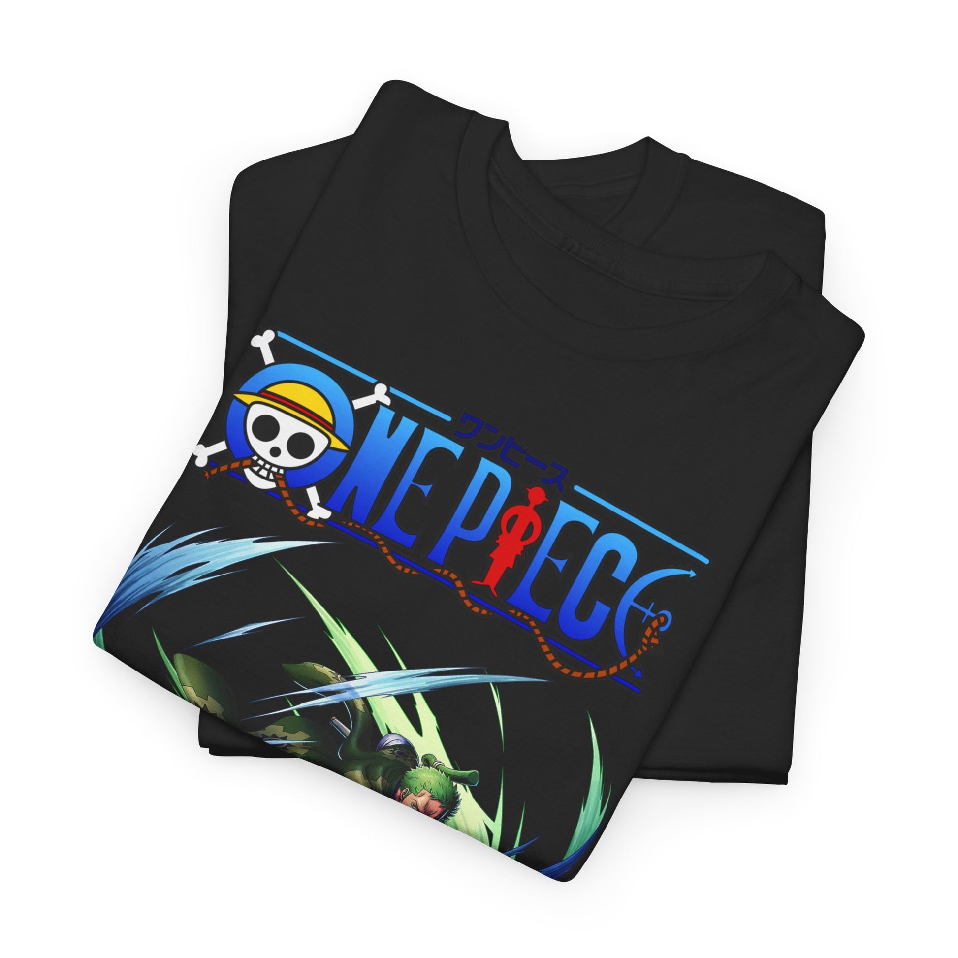 Luxury black t-shirt featuring vibrant anime-inspired design with One Piece logo and Zoro in action, perfect for anime enthusiasts.