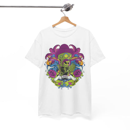Stylish men’s t-shirt showcasing a vibrant skeleton in a sombrero, surrounded by elegant koi fish and floral graphics against a classic white backdrop.