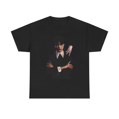 Wednesday and Thing Graphic Unisex Graphic Tee Shirt showcasing a captivating design of Wednesday Addams with her companion, Thing, elegantly printed on a sleek black fabric, embodying a blend of gothic charm and modern style.