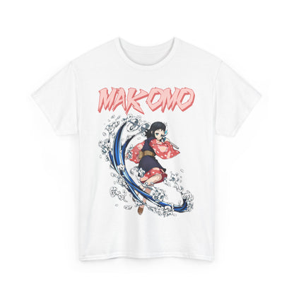 Premium white T-shirt featuring a vibrant illustration of Makomo, an anime character, with dynamic water splash design and bold lettering.