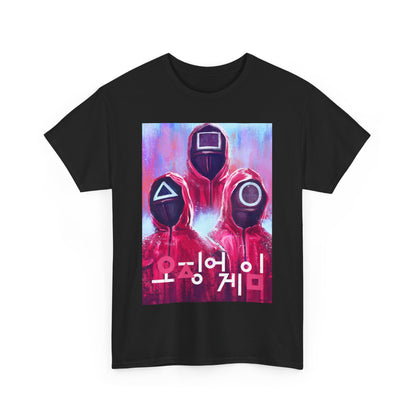 Squid Game Unisex Men´s Women´s Graphic Cotton Funny T Shirt Tee showcasing vivid artwork of masked figures, a stylish choice for fans of psychological thrillers and casual streetwear.