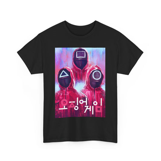 Squid Game Unisex Men´s Women´s Graphic Cotton Funny T Shirt Tee showcasing vivid artwork of masked figures, a stylish choice for fans of psychological thrillers and casual streetwear.