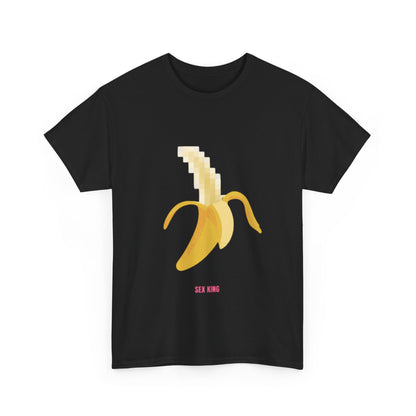 Stylish black graphic tee displaying a vibrant pixelated banana art and the phrase 'SEX KING', a chic and playful addition to any wardrobe.