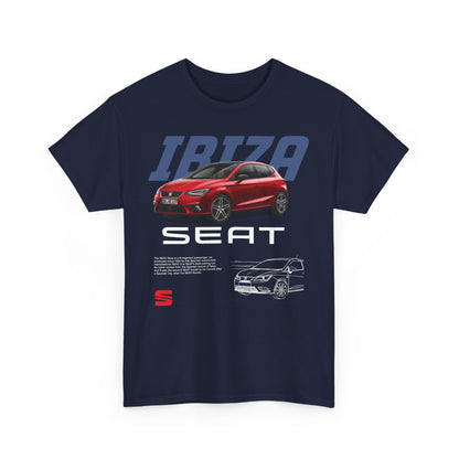 Stylish navy blue men's t-shirt featuring a vivid SEAT Ibiza car design, ideal for car enthusiasts seeking a stylish expression of their passion.