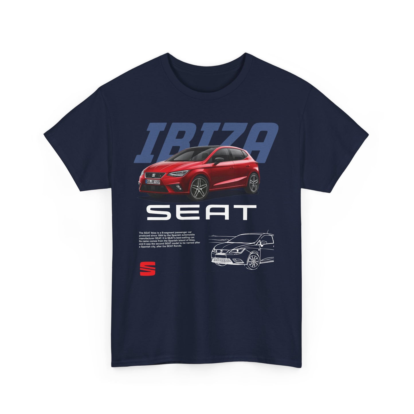 Sophisticated navy men's t-shirt with an eye-catching graphic of the SEAT Ibiza, highlighting the perfect blend of automotive passion and fashion.