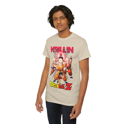 Model presenting a chic Dragon Ball Z T-shirt with Krillin design, exuding casual elegance and a love for anime culture.