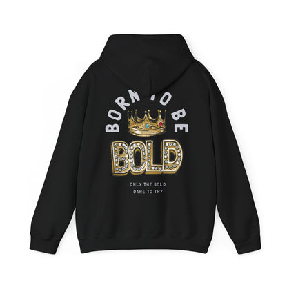 Chic black hoodie showcasing the striking back design with 'BORN TO BE BOLD' in eye-catching font, complemented by a regal golden crown, ideal for a stylish and confident look.