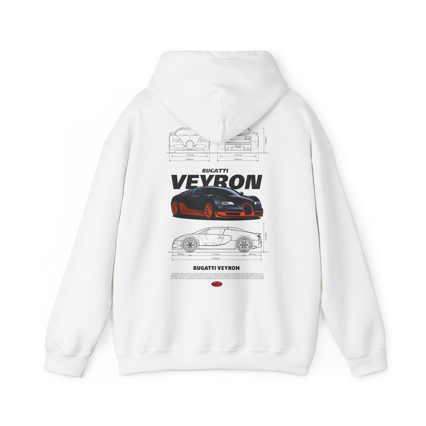 Luxurious white hoodie featuring an artistic Bugatti Veyron back print design. The hoodie showcases intricate car sketches alongside the prominent 'Bugatti Veyron' text, epitomising high-octane style and premium comfort.