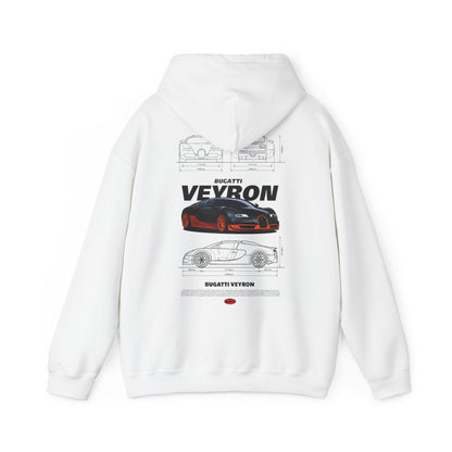 Luxurious white hoodie featuring an artistic Bugatti Veyron back print design. The hoodie showcases intricate car sketches alongside the prominent 'Bugatti Veyron' text, epitomising high-octane style and premium comfort.