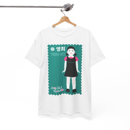Chic white t-shirt elegantly displayed on a hanger, featuring the iconic 'Young-Hee' stamp art from Squid Game, ideal for fashion-forward fans.
