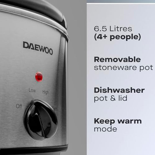 Daewoo 6.5L Slow Cooker – Large Family Size Electric Cooker with Removable Ceramic Pot & Glass Lid, 3 Heat Settings (Low, High, Keep Warm), Energy Efficient, Ideal for Stews & Curries, Black