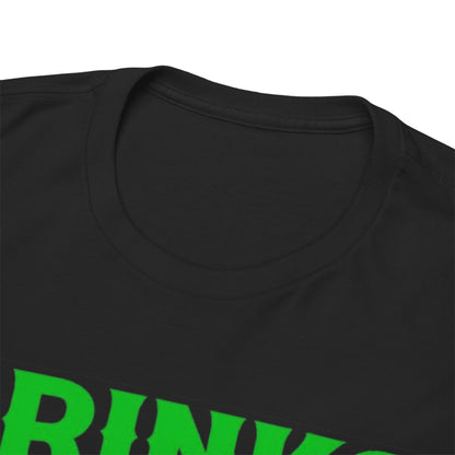 Luxurious close-up of the neckline of a Funny St. Patrick's Day Unisex T-Shirt with a 'Drinks Well With Others' Irish Beer Mug Design.