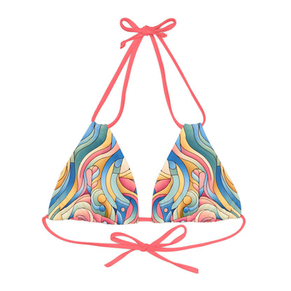 Energetic Move Women's Strappy Triangle Bikini Top in premium pastel pink, showcasing elegant swimwear design by Dazzling Dreams Studio, perfect for summer beach and poolside activities.