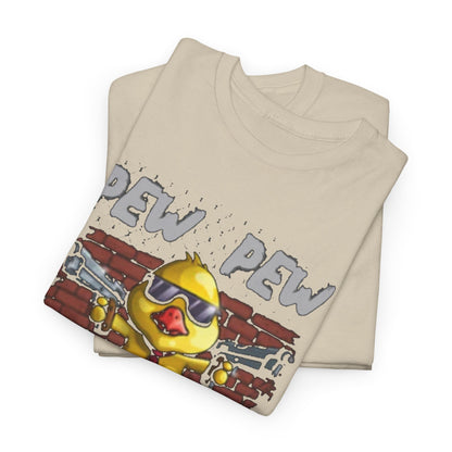 Stacked view of premium quality graphic t-shirts showcasing a humorous gangster-style chicken design, elegantly folded, tempting for casual yet stylish wear.