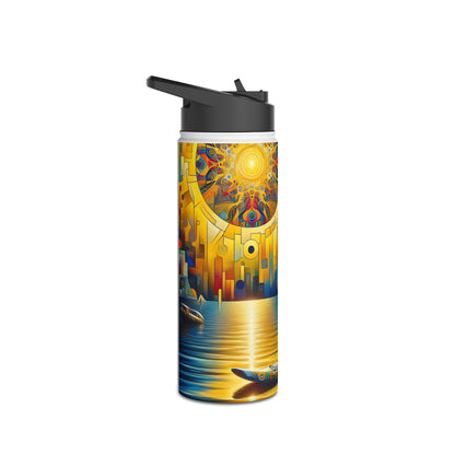 Elegant Fantasy Paddleboarding Stainless Steel Water Bottle featuring a vibrant design with golden sun and abstract shapes, perfect for stylish hydration during outdoor adventures.