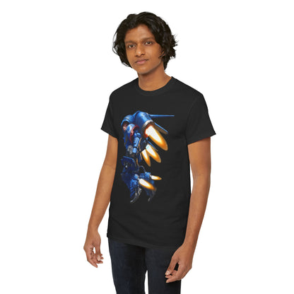 Another angle of a male model in a chic black t-shirt, featuring an artistic blue mecha print, highlighting streetwear aesthetics.