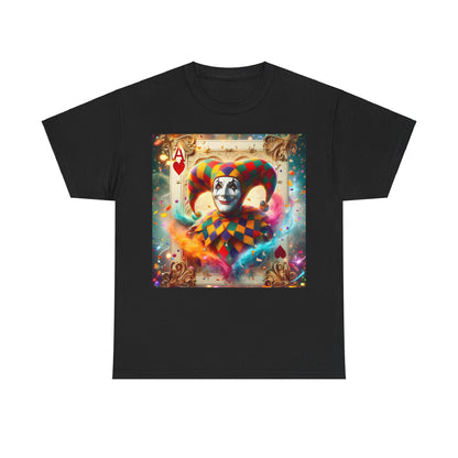Harlequin Playing Card Graphic Tee in black, featuring a vibrant harlequin pattern and whimsical clown character, showcasing a unique vintage design crafted from premium cotton.