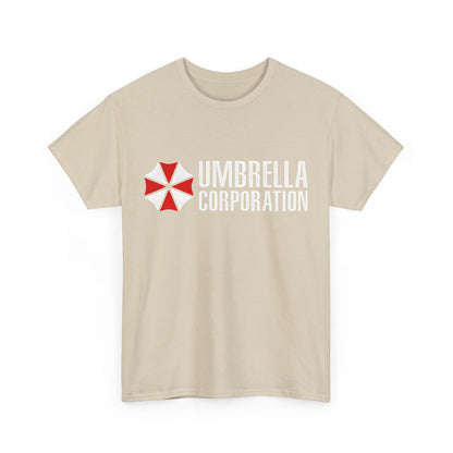 Front view of the Umbrella Corporation Graphic Unisex Tee Shirt in luxurious beige, showcasing the iconic logo and elegant typography.