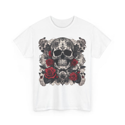 Artistic display of the front of the white Skulls and Roses Cotton Tee, showcasing unique steampunk skull and roses design, embodying refined alternative style.