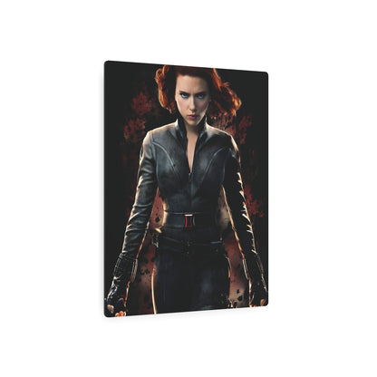 Marvel Black Widow Metal Art Poster displayed elegantly on matte aluminium, showcasing the fierce character of Black Widow in a stylish design, perfect for luxury home decor.