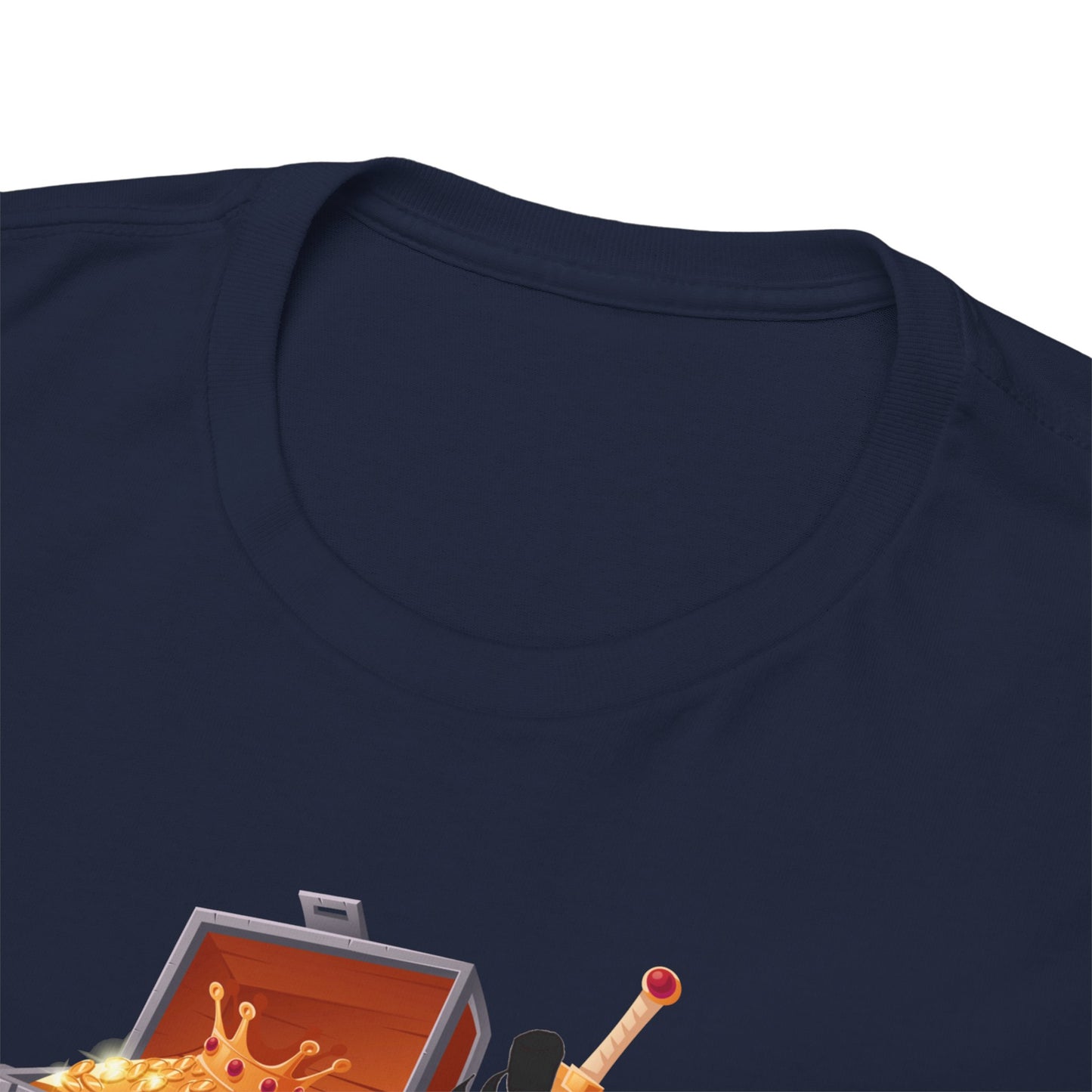 Close-up view of the navy blue T-shirt's neckline, highlighting high-quality fabric and intricate design elements featuring beloved anime characters.