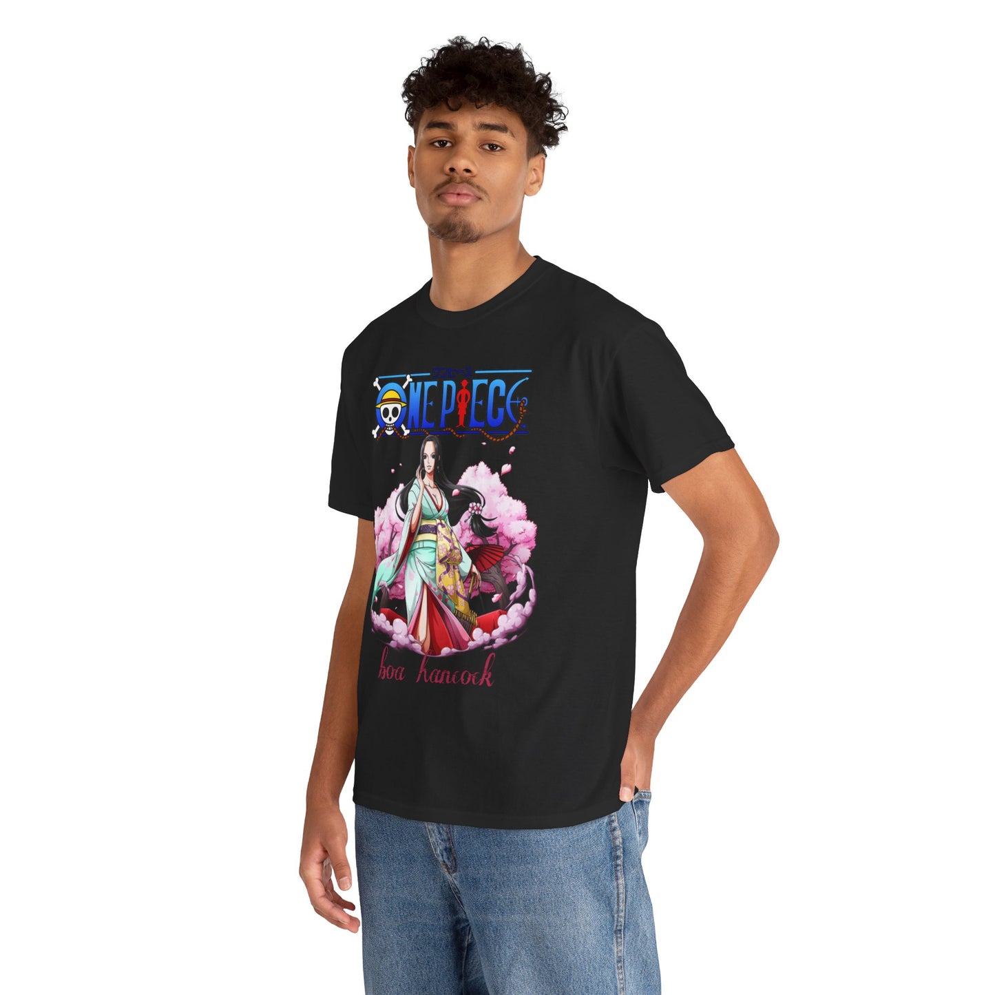 Stylish male model showcasing a luxurious black t-shirt adorned with a captivating illustration of Boa Hancock from 'One Piece', surrounded by cherry blossom motifs.