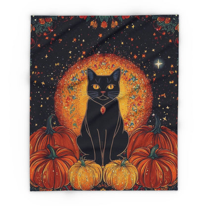 Luxurious Decorative and Warm Halloween Spooky Arctic Fleece Blanket showcasing a chic black cat design surrounded by striking pumpkins, ideal for cozying up this Halloween season.