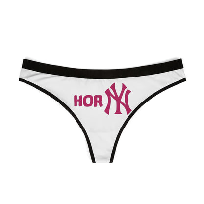 Luxurious women's thong panties featuring bold 'Horny' graphics inspired by iconic sports design, set against a classic white backdrop with stylish black accents.