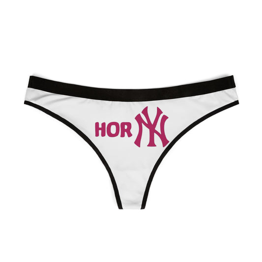 Luxurious women's thong panties featuring bold 'Horny' graphics inspired by iconic sports design, set against a classic white backdrop with stylish black accents.