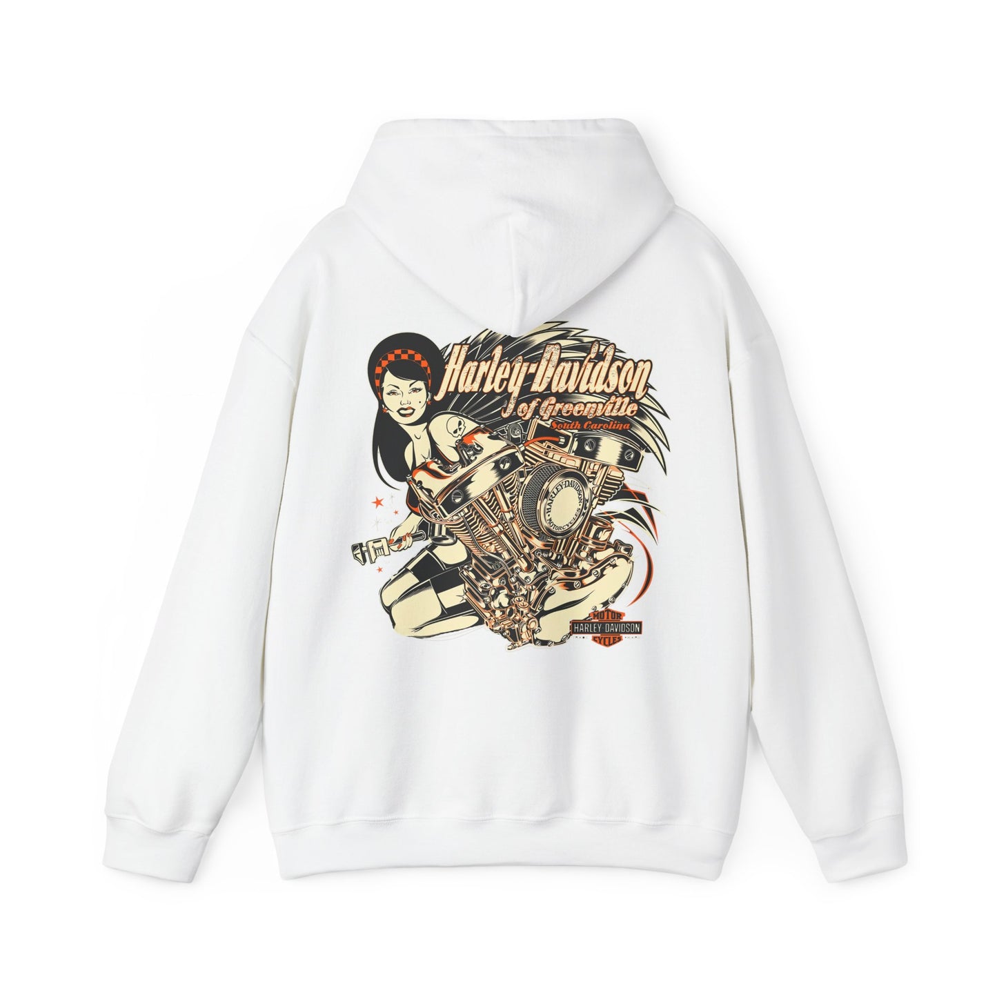 Luxurious white hoodie featuring a captivating back print design showcasing a retro motorcycle engine and an elegant lady, embodying the free-spirited essence of Harley-Davidson.