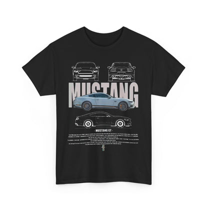 Luxurious black Ford Mustang GT T-shirt featuring a detailed technical drawing of the iconic car, perfect for automotive enthusiasts.