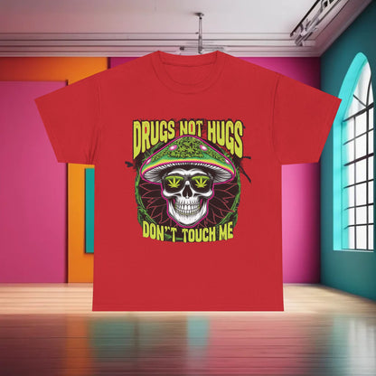 Sleek red 420 Cannabis Marijuana Graphic T-Shirt featuring striking 'Drugs Not Hugs' design, perfect for urban streetwear sophistication.