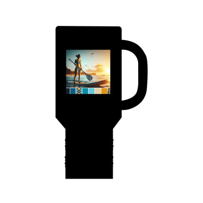 Luxury Fantasy Paddleboarding Insulated 40Oz Travel Mug in sleek black, showcasing an elegant paddleboarding scene against a sunset backdrop, ideal for stylish hydration.