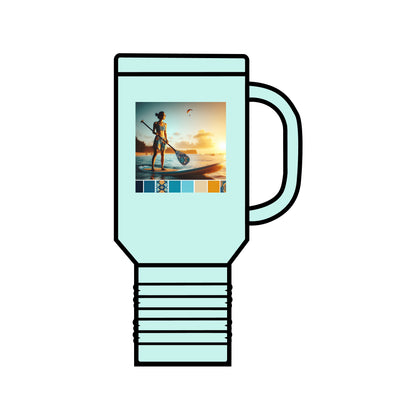 Chic teal Fantasy Paddleboarding Insulated 40Oz Travel Mug, displaying a breathtaking sunset paddleboarding image, a must-have for the discerning adventurer.