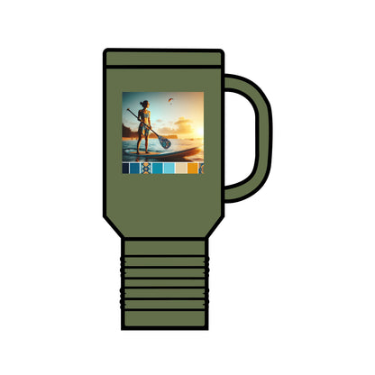 Fantasy Paddleboarding Insulated 40Oz Travel Mug in olive green with an artistic display of a paddleboarder at sunset, perfect for luxury hydration on outdoor adventures.