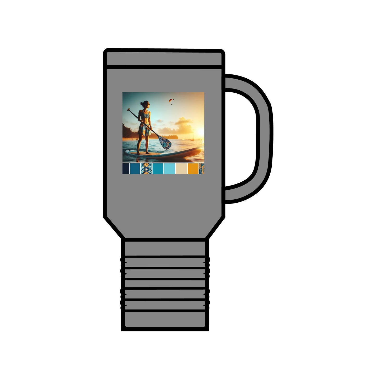 Fantasy Paddleboarding Insulated 40Oz Travel Mug in grey, featuring a luxurious stainless steel finish and captivating paddleboarding scene, ideal for hydrated journeys.