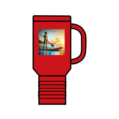 Vibrant red Fantasy Paddleboarding Insulated 40Oz Travel Mug featuring an enchanting paddleboarder at sunset, designed for those who elevate their outdoor experiences.