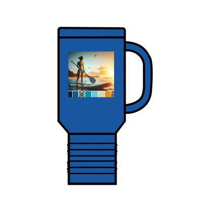 Sophisticated blue Fantasy Paddleboarding Insulated 40Oz Travel Mug, elegantly capturing a sunset paddleboarding scene, perfect for adventurous luxury hydration.