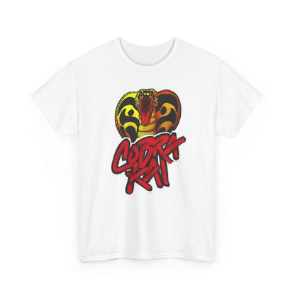 Classic fit white t-shirt showcasing a Cobra Kai snake emblem with vibrant colours, ideal for casual wear with a martial arts flair.