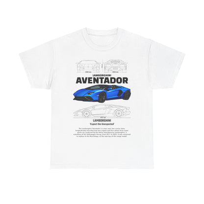 Luxurious men's Lamborghini Aventador graphic tee featuring a striking blue sports car design with technical dimensions and the phrase 'Expect the Unexpected', set against a pristine white backdrop.